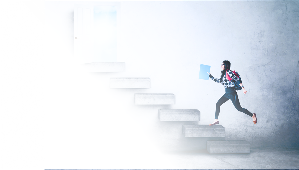 A student climbing stairs towards a brighter future